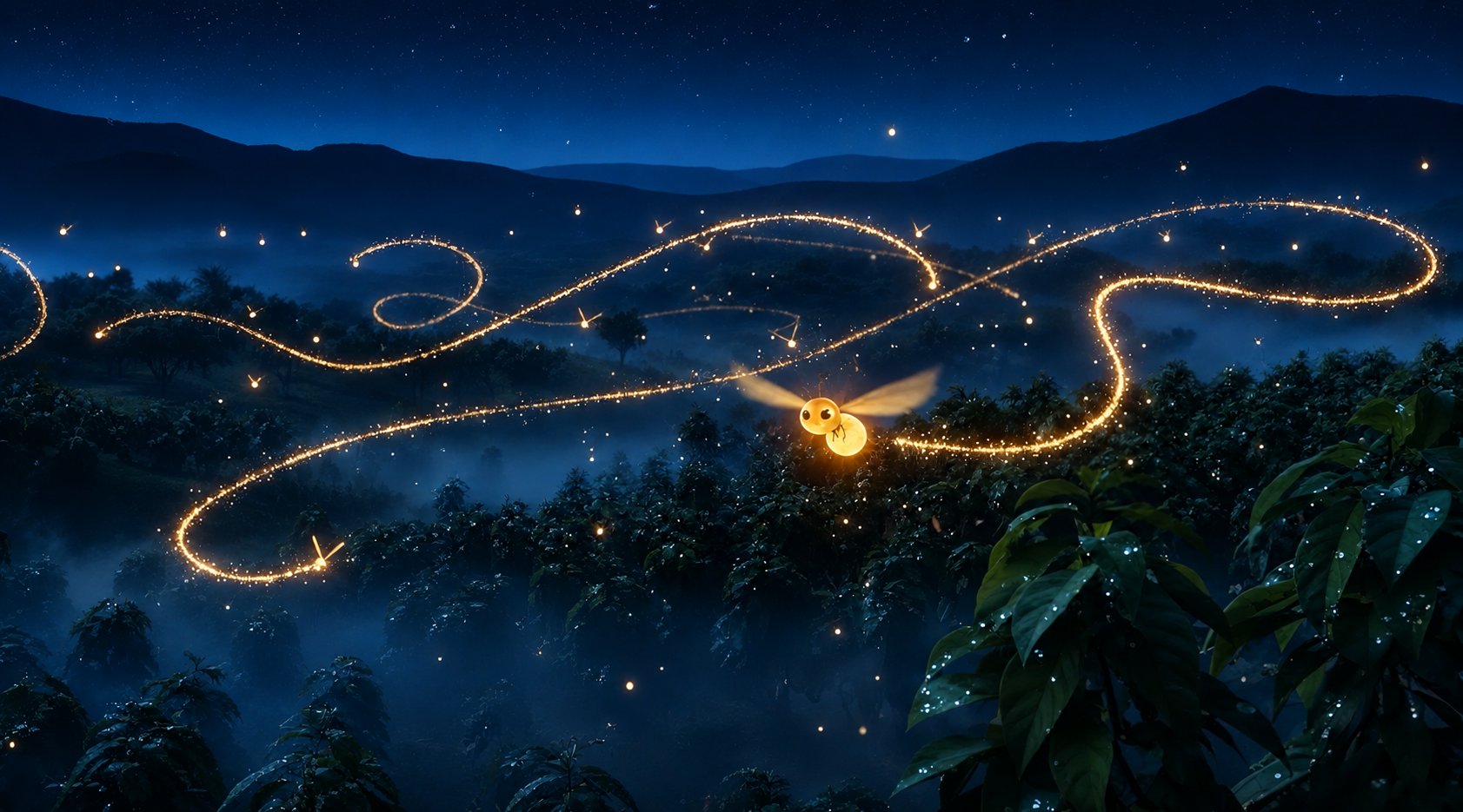Lumito voando sobre a floresta durante a noite