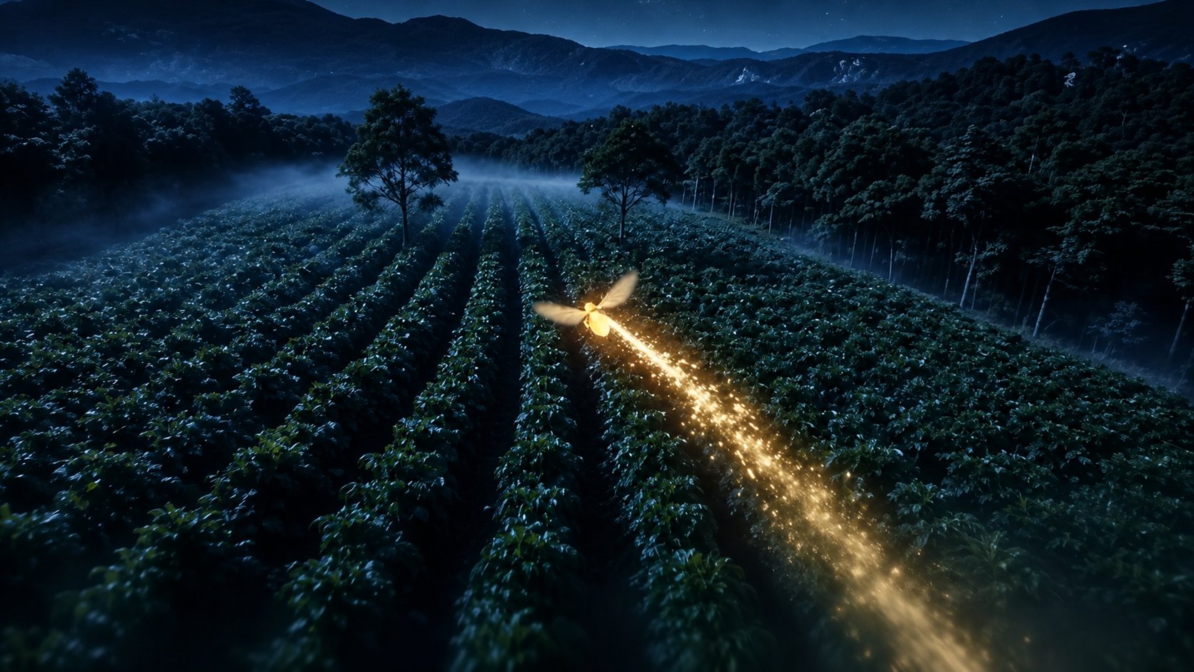 Lumito iluminando uma plantação cercada pela floresta