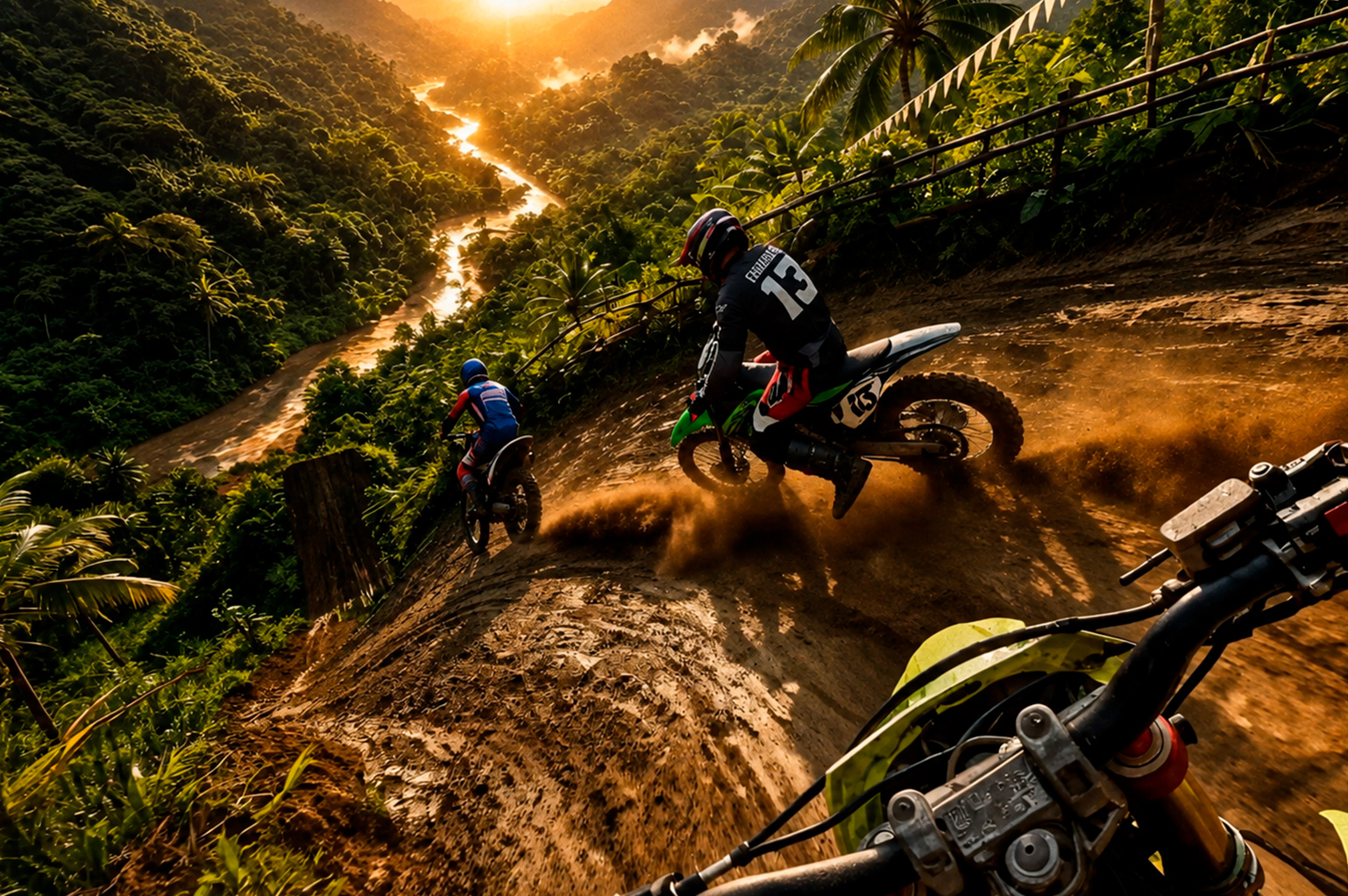Aventura de motocross em uma trilha cercada pela mata