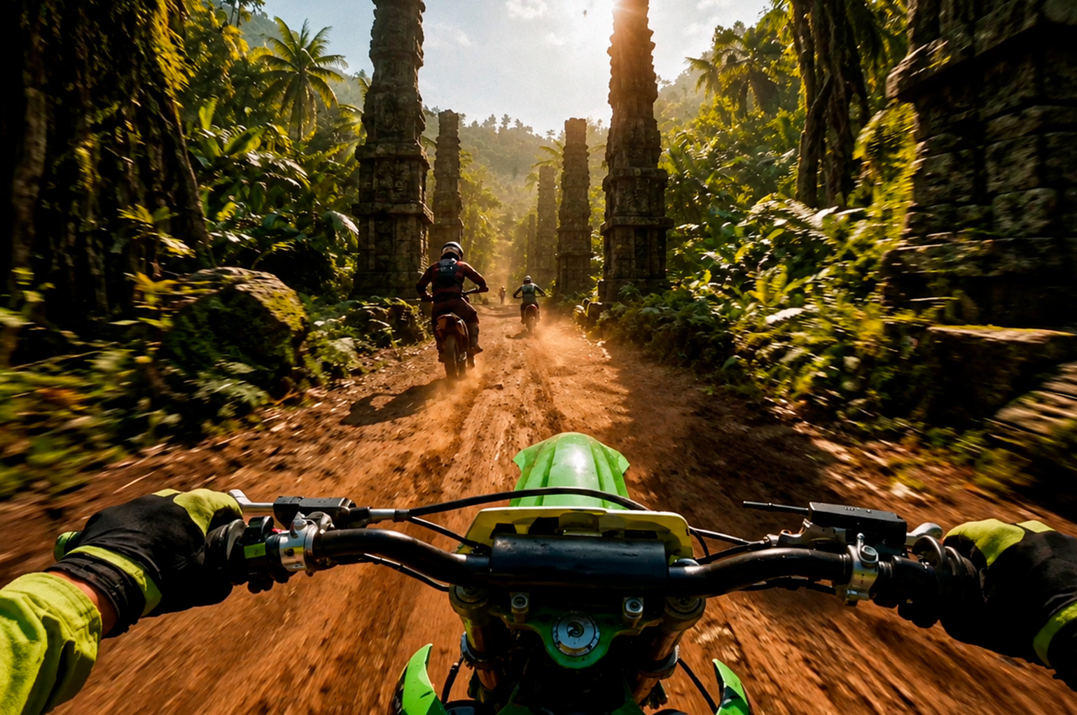 Visão em primeira pessoa de uma aventura de motocross